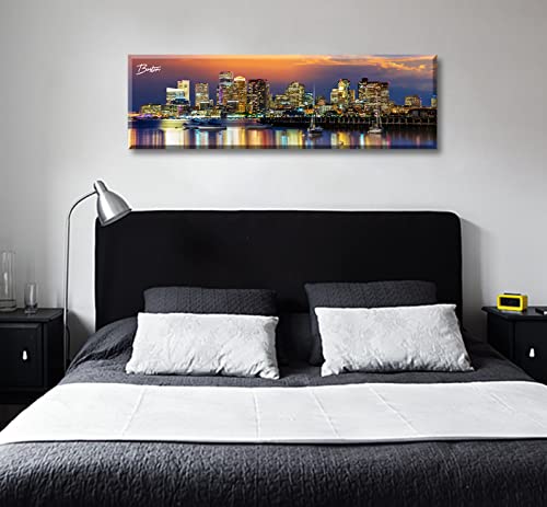 Image of DJSYLIFE Boston Skyline Wall Art Canvas Prints Colorful USA City Night Pictures Modern Panoramic Cityscape Posters Paintings for Bedroom Office Decor, Ready to Hang 13.8 inchx45.3 inch