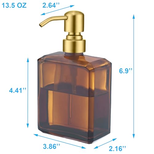 Image of KEMINO Amber Soap Dispenser Square Bottle and Gold Pump, Glass Dish Soap Dispense, Refillable Hand Soap Dispenser with Stainless Steel Pump, 13.5 oz Lotion Dispenser for Bathroom, Kitchen Countertop