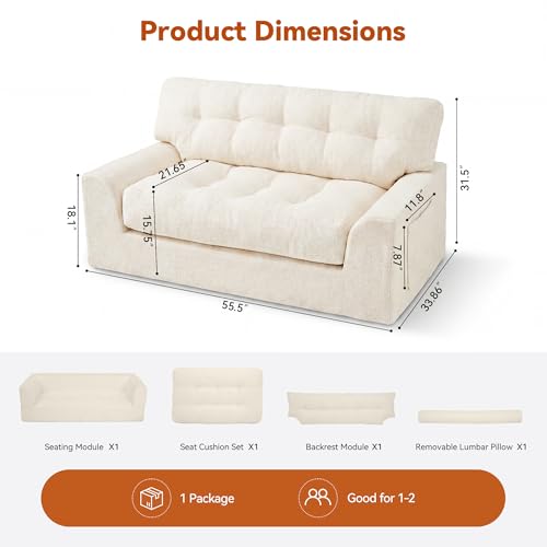 Image of MONVANE 55.5 inch Convertible Loveseat Sofa, Comfy Chenille Cloud Couch with Storage Pocket, Modern Deep Seat Boneless Couch, 2 Seater Sofa for Living Room, No Assembly Required, Beige
