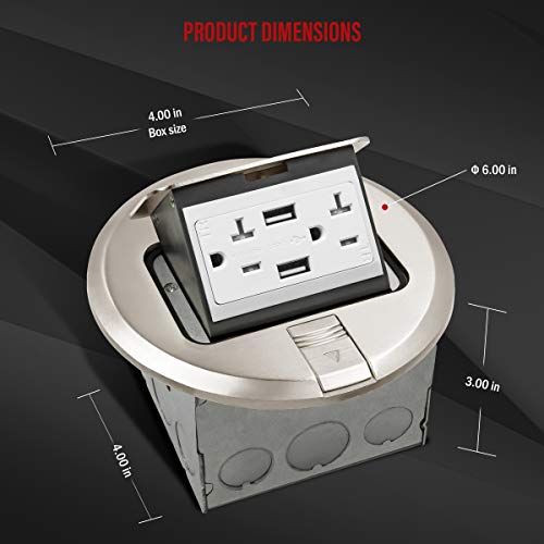 Enerlites Round Pop-Up Floor Box Kit, 6" Diameter Cover, 20A Tamper-Resistant Usb Receptacle, Watertight Gasket, Corrosive Resistant Hardware, 961501-S-Usb, Nickel Plated Brass Cover #TOP1