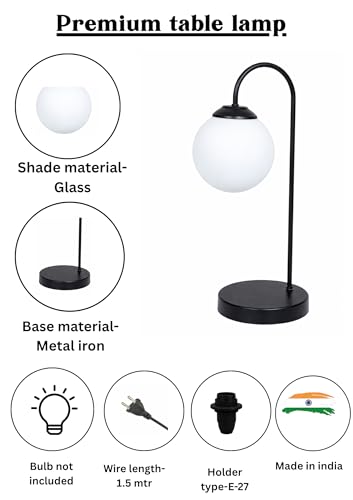 Image of tu casa Black Metal Base with Stand Bedside Study Table Lamp with White Glass Moon Light Stand for Home Decoration Bedroom Living Room Lounge Office Festival Gifting H - 88 inch / No Blub