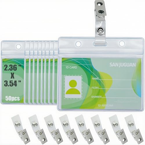 SANJUGUAN Badge Holders with Clips and Vinyl Straps (Horizontal, 50 Pack), Waterproof Resealable Zip ID Badge Holders for Nurses and Schoo