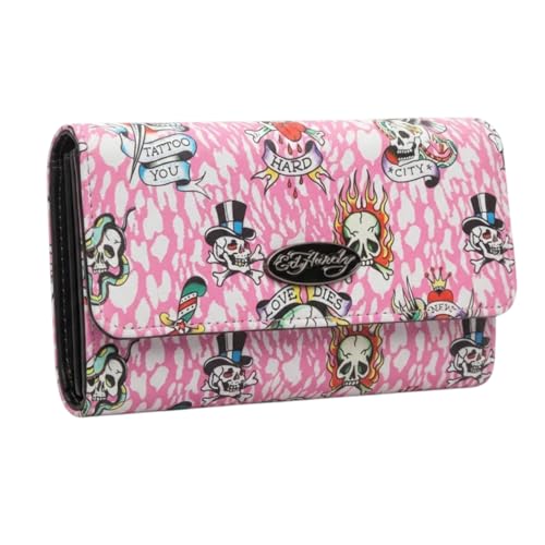 ED HARDY Women's Trifold Wallet with Multicompartment Storage EHW193 (Pink/White)