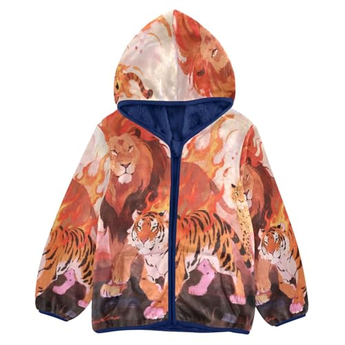 Lion Tiger Leopard Fire Toddler Fleece Jacket Girl Boys Hooded Fleece Jacket Coat Warm Outwear Zip-up 3-10T