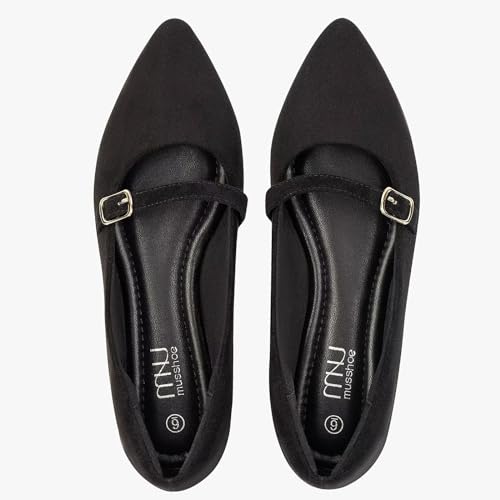 MUSSHOE Women Flats Comfortable Pointed Toe Flats Shoes with Strap,Black Suede 84