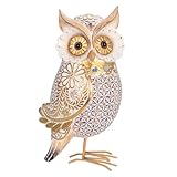 Grand Hibou décoratif en résine, motif allover et couleur dorée blanchie, résine et métal, hauteur 23 cm