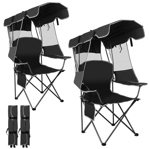 Image of Romswi Large Folding Canopy Camping Chairs for Adult 2 Pack, Portable Outdoor Chairs with Sunshade,Cup Holder & Side Pocket for Camping, Fishing, Beach, Backyard, Black
