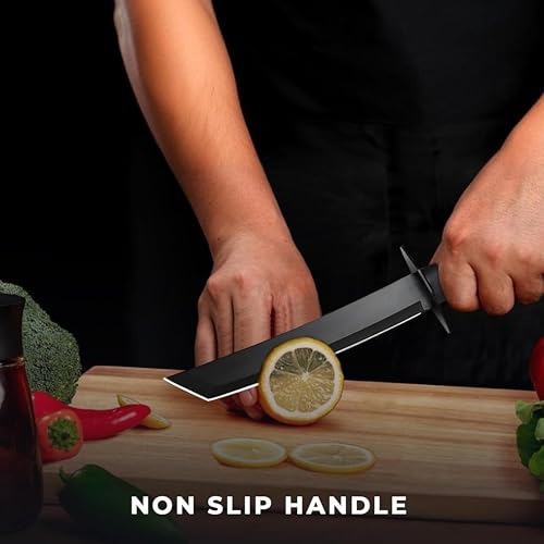 Image of Long Black Kitchen Knife with Protective Sheath | Carbon Steel Vegetable & Meat Cutting Knife | Multipurpose Chef Utility Knife