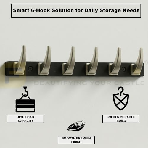 Image of 6 Hook Stylish Clothes Hanger for Wall /Clothes Hanging Hooks for Door /Wall Mounted Hanger for Clothes (Satin with Black) Pack of 2-| 3 Years Warranty |