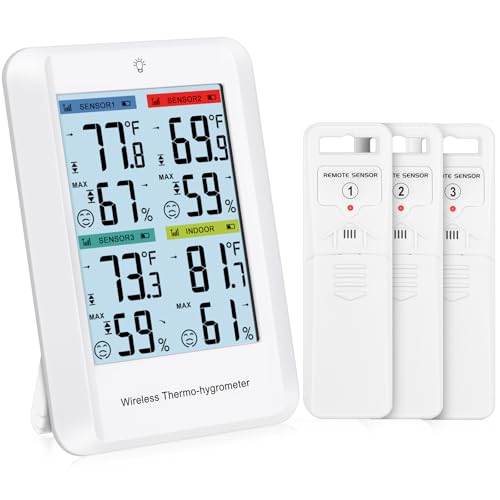 Ankilo Funkwetterstation mit 3 Außensensor,4 Zoll Luftfeuchtigkeit Monitor Wireless mit Wettervorhersage,Außen Innen Thermometer Hygrometer Raumthermometer Funk,Digital Raumthermometer