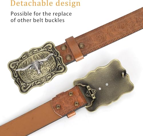 Image of UTOWO Western PU-Leather Cowboy Buckle Belt for Men and Women Jeans Engraved Floral Longhorn Bull Buckle Belt (25-38 inch waist)