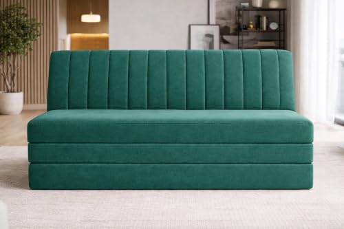 Image of Deco Studio 3-Seater Convertible Floor Sofa Bed Modern Velvet Fabric Folding Couch for Living Room, Guest Room & Small Spaces-Green