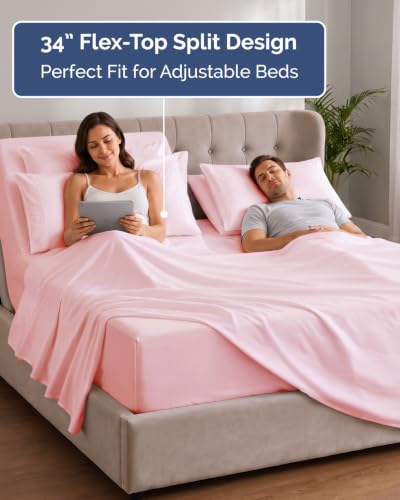 Image of Extra Deep Flex Top Split Head King Sheet Set - 6 Piece Breathable and Cooling Sheets - Hotel Luxury Bedding for Women, Men, Kids & Teens - Easy Secure Fit - Extra Deep Pockets - Baby Pink
