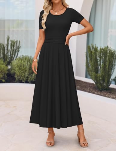 ZESICA Women's Summer Short Sleeve Maxi Dress 2025 Casual Crewneck Pleated A Line Flowy Long Dresses with Pockets2