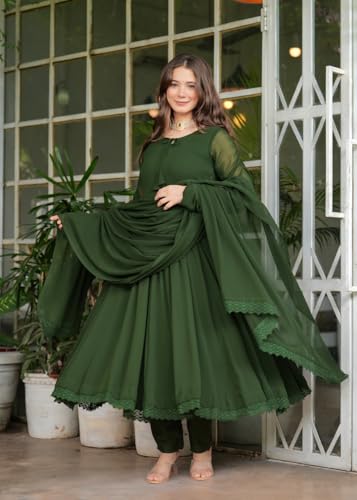 Image of Olive Green Flared Anarkali Dress with Lace Detailing Suit Set