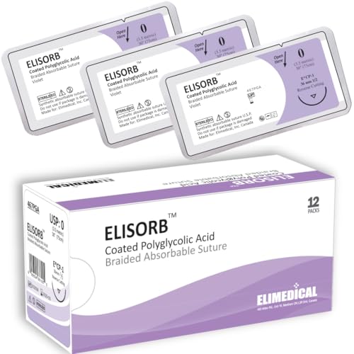 Image of ELISORB Suture with Reverse Cutting Needle, 12 Pack. Sutures for Surgical Wound Training Students, Practice and Educational Use. Multifilament Absorbable Material 0 PGA, 30 inch, CP1, Violet 467PGA