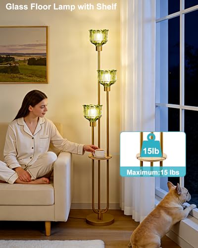 Image of Lightdot Glass Floor Lamp for Living Room 3-Lights Modern Gold Floor Lamp with Green Glass Shade 3000K Bulbs Included Unique Tall Standing Lamp with 5Lb Heavy Base for Bedroom /Sofa Beside /Corner Decor