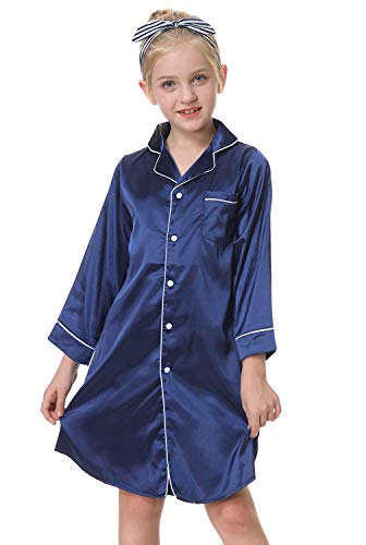 CattyGirl Children's Nightgown Polyester Silk Satin Sleepwear Girls Long Sleeve Nightdress Pajamas Navy2