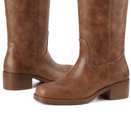 Image of Gothictor Women's Banana Knee High Boots Square Toe Chunky Block Heel Comfortable Low Heel Pull on Wide Calf Riding Long Boots for Women