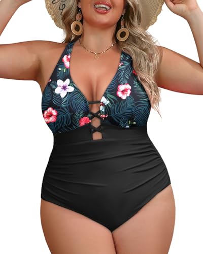 Yonique Women Plus Size One Piece Swimsuit Tummy Control Bathing Suits Lace up Plunge Swimwear