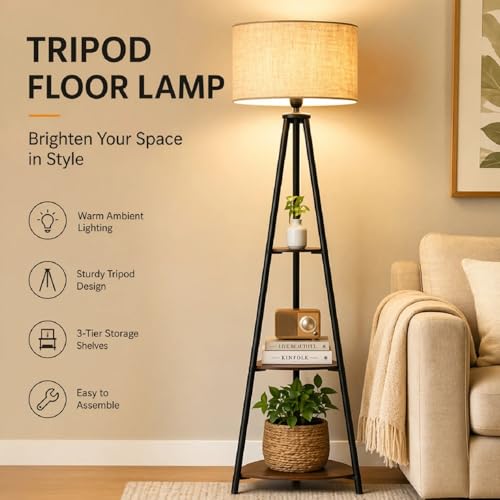 Image of Tripod Floor Lamp with 3 Circle Shape Shelves, Beige Jute Shade, Metal Corner Floor Lamp, for Decoration and Gifting (Pack of 1)