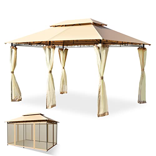 RELAX4LIFE Tonnelle de Jardin Extérieur avec Moustiquaire et Toiles Amovibles Imperméables, Pavillon de Jardin en Fer et Polyester avec 4 Parois, Revêtement PU, Piquets de Terre (Brun)