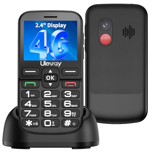 uleway Teléfono Móvil para Ancianos Libre 4G, Teclas Grandes con Alto Contraste, Doble SIM, Pantalla Horizontal de 2,4'', Volumen Extra Alto, Botón SOS y Base de Carga, Negro