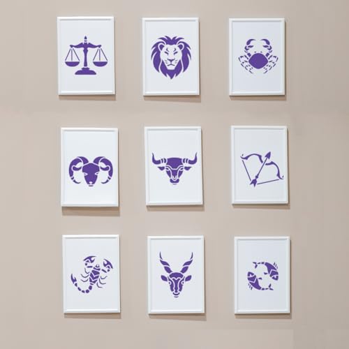 MAYJOYDIY 2 Stück Konstellation Schablone 30 x 30 cm, 12 Sternbilder Sternzeichen Malschablone mit Pinsel Geheimnisvolle Astrologie-Horoskop-Vorlage für Holz Wand Leinwand Karte Heimdekoration