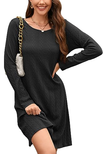STYLEWORD Strickkleid Damen Schwarzes Kleid Langarm Herbstkleid Pulloverkleid Elegant Herbst Winterkleid Tunika Umstandskleid(Schwarz,L)