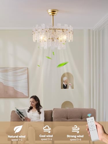 Image of 20 inch Gold Fandelier Ceiling Fan with Light,Gold Crystal Chandelier Ceiling Fans with Lights and Remote Control,Mid-Century Modern Caged with 6 Speeds for Living Room Bedroom Nursery