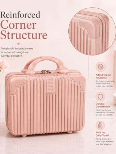 Image of BLUE BEADS Travel Makeup Case with Lock & Luggage Strap, ABS Hard Shell Cosmetic Vanity Case, Portable Makeup Organizer for Women, Beauty Storage Box for Makeup & Toiletries (Peach, Model 3)