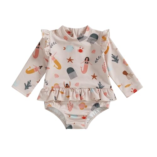 KMBANGI Infant Toddler Baby Girl Swimsuit Cartoon Mermaid Long Sleeve Rash Guard Sea Turtle Swimwear Infant Baby Beach Wear (Beige, 9-12 Months)