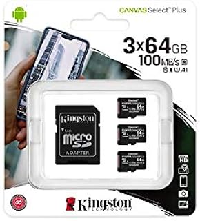 Kingston - Set of 3 Micro SDXC Canvas Select Plus Cards, 100R, A1, C10, 64GB with 1 Adapter
