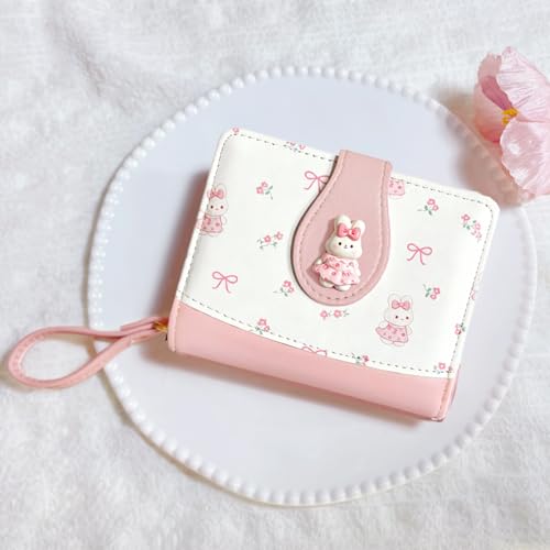 Image of Cute Print Wallet Blueberry Strawberry Cherry Wallet with Credit Card Holder Zipper Coin Purse for Women Girls (RABBIT)
