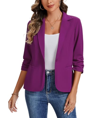 MINTLIMIT Women's Ruched 3/4 Sleeve Blazer Casual Notch Lapel Work Blazers Single Button Jackets Pockets
