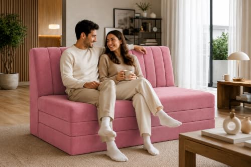 Image of Three Seater Sofa Bed, Velvet Fabric Foldable Sofa Cum Bed with Soft Foam Cushioning, Convertible Floor Couch for Living Room, Guest Room & Home Use (Rose Pink, Pre-Assembled)