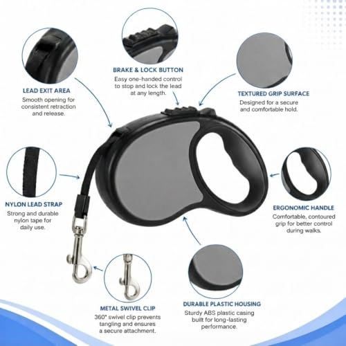 Image of Cawypety Retractable Dog Leash, 16ft /5M Heavy Duty Extendable Dog Walking Lead | One-Hand Brake & Lock, 360 Tangle-Free | Durable Pet Leash with Ergonomic Anti-Slip Handle for All Small,Large Breeds