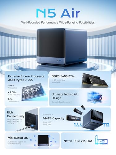 Image of MINISFORUM N5 Air 5-Bay Desktop NAS, AMD Ryzen 7 255(8C /16T) CPU, 16GB DDR5, 64GB SSD, 1x 10GbE, 1x 5GbE, 2x USB4(8K), 8K HDMI, OCuLink, 3x M.2 Slots, PCIe x16 Slot, Network Attached Storage(Diskless)