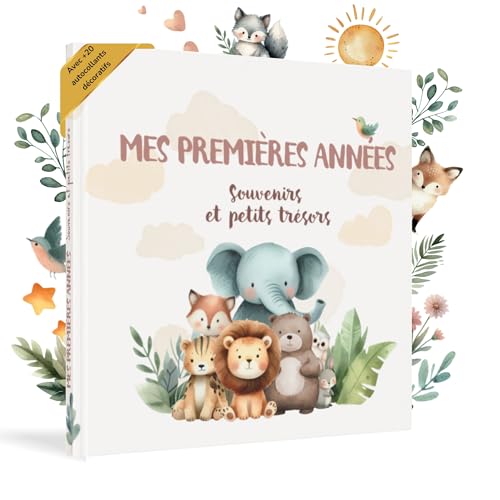 HuBorns - Livre de Naissance Bébé pour Coller des Photos et Écrire avec plus de 50 Pages et Autocollants, Album Photo Bebe de Première Année jusqu'à ses 5, Idéal comme Cadeau Naissance Fille et Garçon