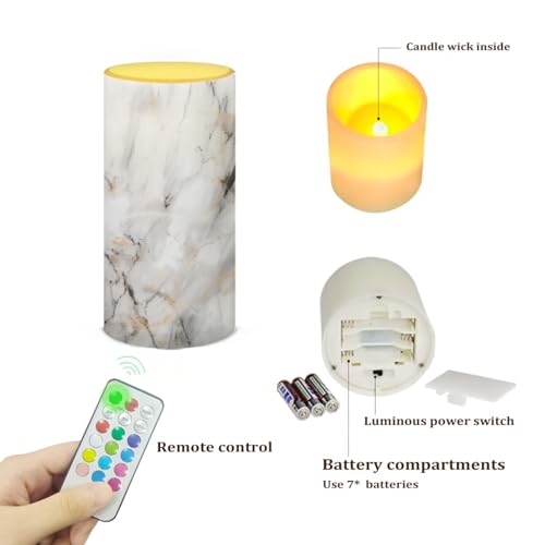 Image of Flameless Light Candles Home Table Ornaments, Battery Operated Candles with Color Changing Timer Remote Control Fake Pillar Candles Tealights Home Decor, White Grey Marble