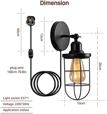 Lightsjoy Industrial Cage Wall Light Plug in Dimmable Wall Lamp Adjustable Wall Sconce E27 Base Stepless Dimming Wall Lighting Fixture for Kitchen Dining Room Living Room Restaurant Rotatable - 1 Pack