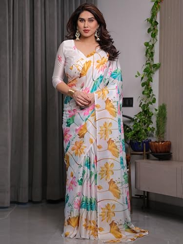 Image of ALMAARI FASHION Women's Floral Printed Georgette Satin Saree with Unstitched Blouse Piece | Traditional Ethnic Wear Sarees | Soft Lightweight Ethnic Office Wear Daily Wear Indian Sari (SG 101-110 SH)