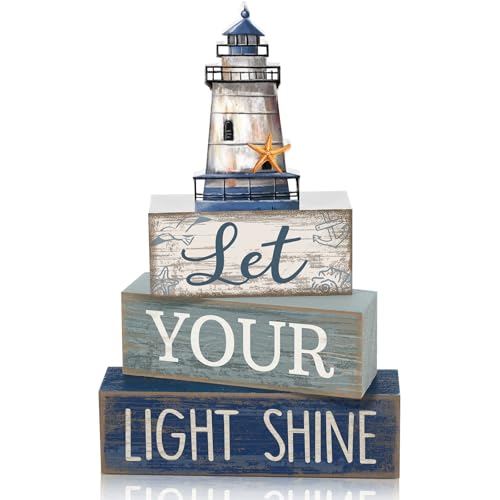 Lineshading 4 Pcs Beach Coastal Table Decor Wooden Lighthouse Decoration with Starfish Summer Tiered Tray Decor Blue and White Ocean Centerpieces Rustic Beach House Nautical Decorations for Home Shelf