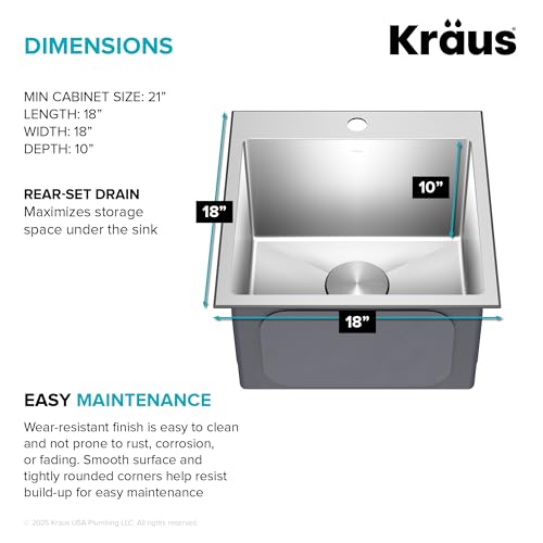 KRAUS 18 x 18 inch Standart PRO™ Drop-In Top Mount 16 Gauge Single Bowl 1-Hole Stainless Steel Kitchen Sink Set (5 Item Bundle: Sink, Bottom Grid, Drain Assembly, Drain Cap, Kitchen Towel), KHT301-18 - image 6