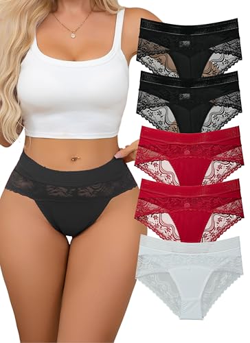 Hialegion Braguita Mujer con Encaje,Ropa Interior de Talle Alto con Banda Ancha,Bragas Sexy para Mujer,Bragas Cómodas Pack de 5 M