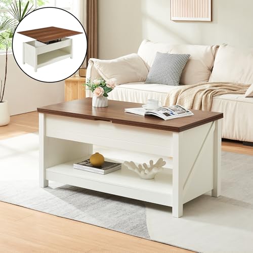 [en.casa] Mesa de Centro Kasama Mesa Baja Rectangular con Tablero Elevable y Extensible con 3 Compartimentos Internos Mueble Auxiliar Mesita para Salón 110 x 55 x 54 cm - Efecto Nogal/Blanco