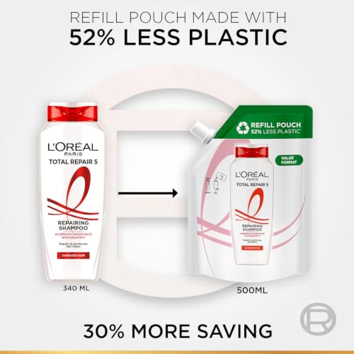 Image of L'Oreal Paris Total Repair 5 Repairing Shampoo Refill Pouch With Keratin XS For Damaged Hair, 500ml