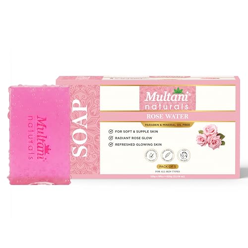 Image of Multani Naturals Rosewater Soap Bar For Bath (125 Gm - Pack Of 5) I Paraben Free | Clinically Tested | Herbal Soap Bar with Rose Water & Glycerin | Helps Sooth & Calm Irritated Skin, Hydrate & Softens Skin | For All Skin Types | Soap For Men & Women