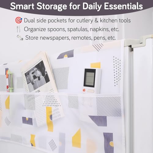 Image of HOKIPO Small Fridge Cover Top | For Smaller Single Door and Smaller Double Door Refrigerator - Waterproof, Printed with 6 Side Pockets, Size Small 130x55 cm, Geometric Abstract (NEW-AR-5875-D1)