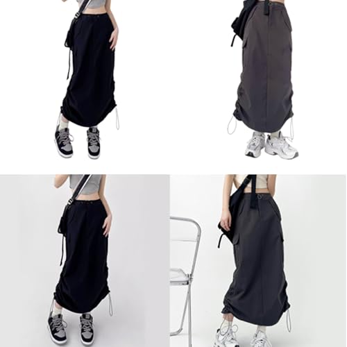 Women High Waist A Line Cargo Long Skirt with Flap Pockets Ruched Drawstring Back Split Long Skirts Streetwear Black2